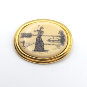 Vintage Barlow Scrimshaw Lady Golfer Brooch Gold Tone Oval Victorian Style Pin
